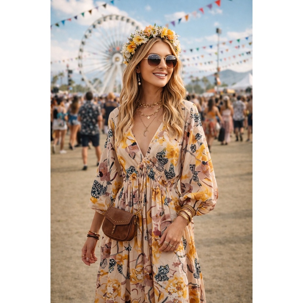 Boho Floral V-Neck Maxi Dress in Beige and Yellow